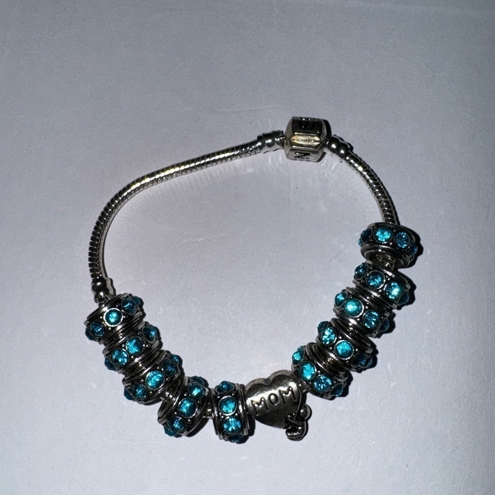 Mom Charm Bracelet Silver Blue Beaded Adjustable Charm Jewelry OS